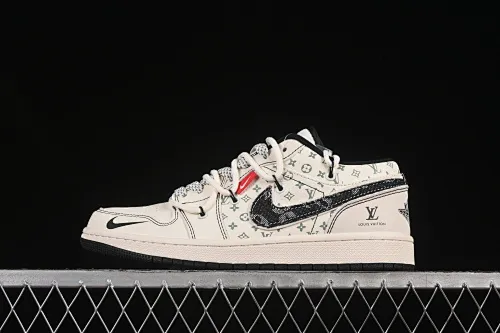 All categories Air Jordan Jordan series basketball shoes Air Jordan 1 Low High-end customized low-top sneakers Air Jordan 1 Low AJ1 Joe 1 LV joint black cloth hook drawstring High-end customized low-top retro basketball shoes YX5066-356